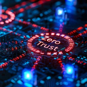 Illuminated circuit board with the words "zero trust" highlighted in the center, symbolizing cybersecurity concepts.