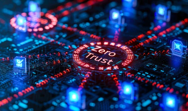 Illuminated circuit board with the words "zero trust" highlighted in the center, symbolizing cybersecurity concepts.