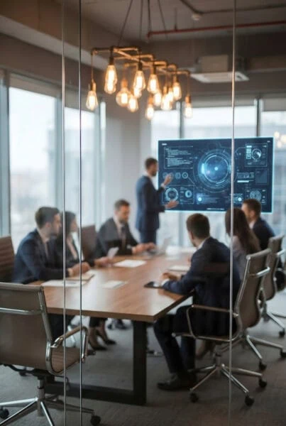Seven people in business attire sit and stand around a conference table in a modern boardroom, viewing a digital screen with data and graphics as part of their technology planning session.