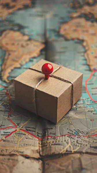 A small, brown parcel tied with string sits on a map with a red push pin stuck in the top, indicating a travel or delivery destination—an image that subtly echoes themes of Technology Planning and strategic execution seen in boardroom strategy sessions.