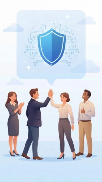 Four business people celebrate with high fives and applause, with a large digital shield icon above them symbolizing cybersecurity and protection.