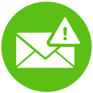 A green circle icon with an envelope and a warning sign representing the anti-spam feature with Microsoft 365.