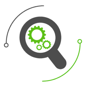 A magnifying glass icon with three cogs in the middle and a circle around it representing IT audit and exam integration for the financial industry.