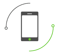 An icon of a mobile phone with a circle around it representing telecommunications.