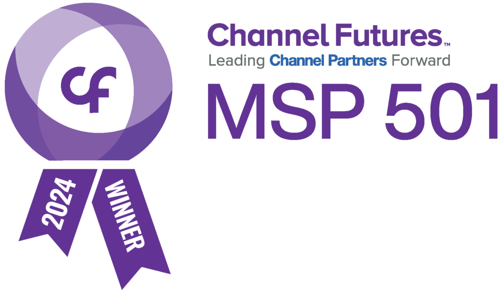 Logo of Channel Futures MSP 501 2024 Winner featuring a purple ribbon with "cf" in the center and the text "Channel Futures Leading Channel Partners Forward MSP 501 2024 Winner.