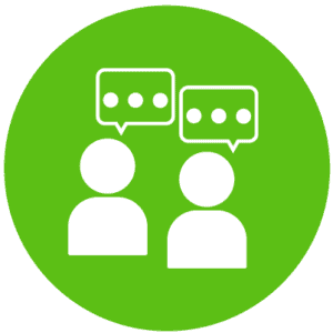 Icon of two people with speech bubbles representing collaboration when using a cloud-based UC app for telecommunications.