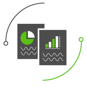 An icon with graphs surrounded by a circle representing compliant reporting.