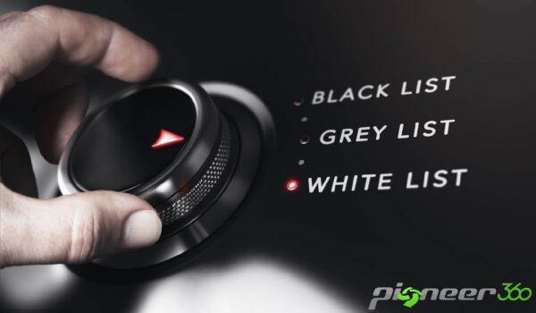 A person pressing a button with the words black list, grey list, white list.