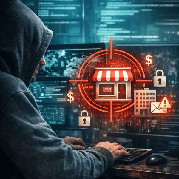 A person in a hoodie types at a keyboard, facing a digital graphic of a storefront in crosshairs with cybersecurity icons and warning symbols on a screen.