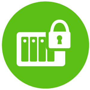 An icon symbolizing immutable data, featuring a padlock and server.
