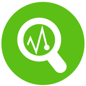Icon of a magnifying glass with a jagged line inside representing monitoring and management of IT.