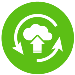 An icon of a cloud with an up arrow and circle surrounding it depicting computer repair service.