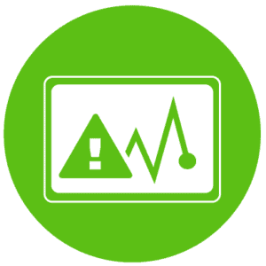 A green circle icon with a screen showing a warning symbol and graph line representing SOC Incident Management.