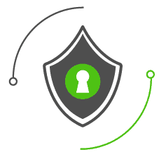 Icon of a shield with a lock in the middle surrounded by a circle representing cybersecurity.