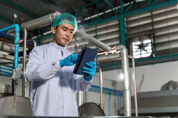 A man is using a tablet in a factory.
