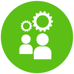 An icon with two individuals with gears above their heads representing testing IT staff and processes for financial industry tech support.