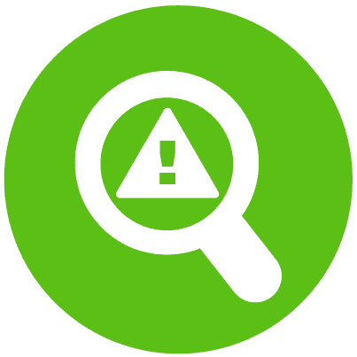 Magnifying glass icon with a triangle that has an exclamation point representing IT vulnerabilities.