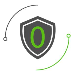 An icon of a shield with the number zero in the middle and circle surrounding it representing zero trust architecture in an IT environment.