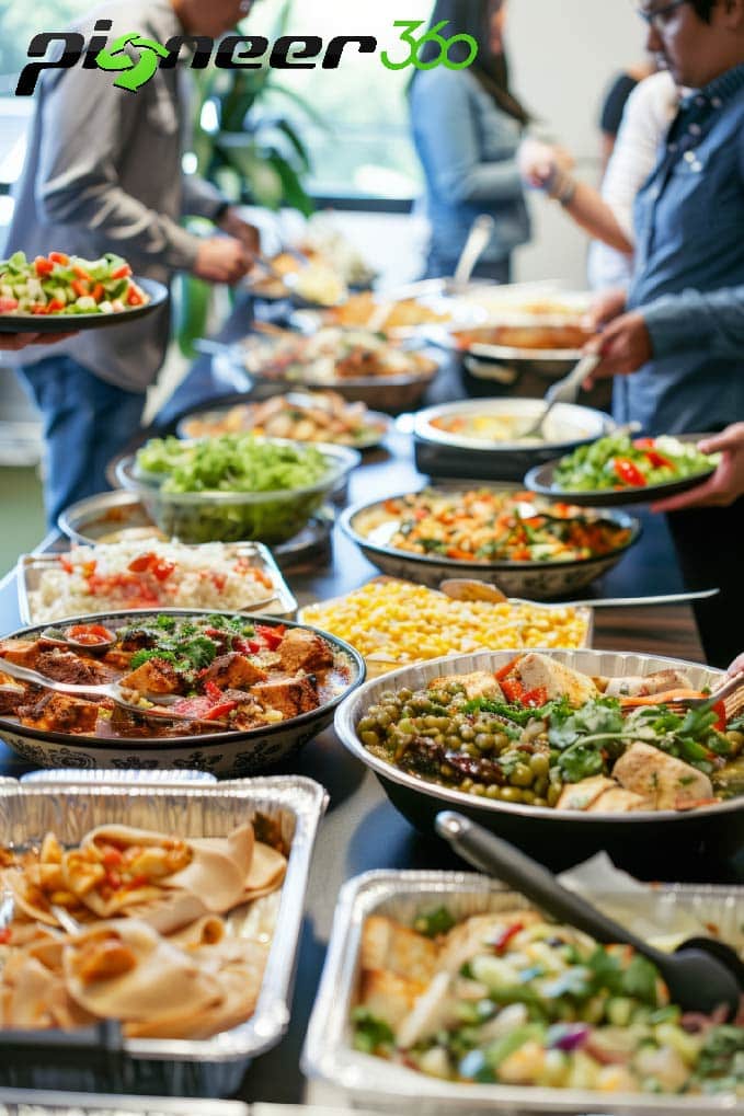 A buffet table with various dishes, including salads, meats, and vegetables. People serve themselves in a bright room with a window. A "Pioneer 360" logo is visible.